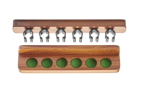 Mahogany Coloured Wall Mounted Cue Rack  Nylon Clips For 6 Cues